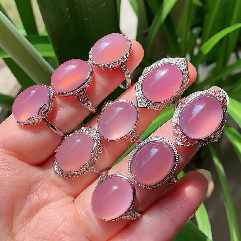 1PC Natural Pink Crystal Ring for Women Random Flower Rose Agates Chalcedony Stone Adjustable Ring Wedding Party Healing Jewelry