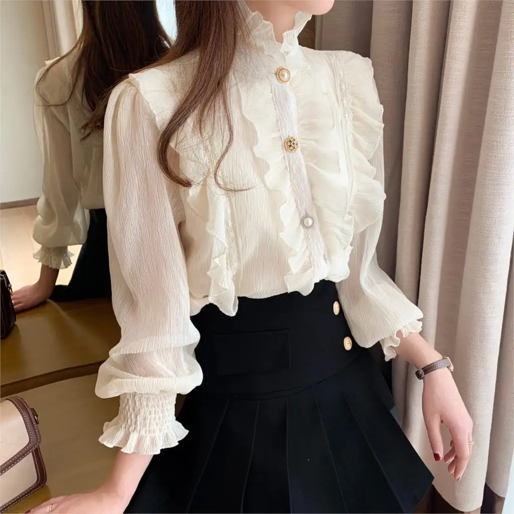 French Palace High Neck Blouse Women Victorian Palace Tuxedo Shirts Top Ruffle Royal Stand Collar Chiffon Flounce Lolita Blusas