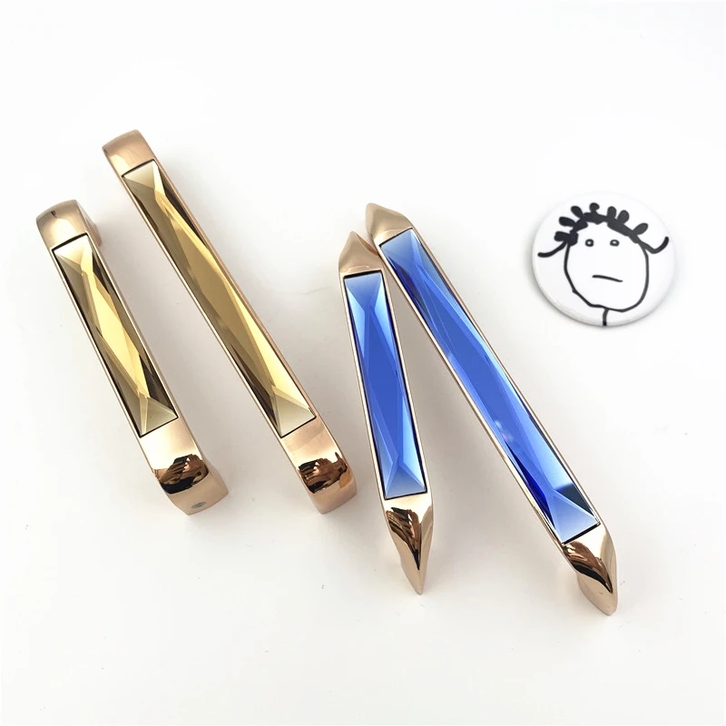 LCH Top Quality Modern Style Blue Amber Long Crystal Cabinet Handle Dresser Cupboard Door Knob Pull Rose Gold Zinc Alloy Base