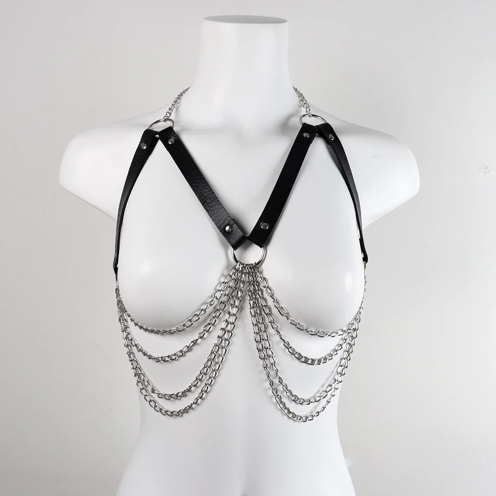 Imbracatura reggiseno catena di metallo nappa bretella in pelle PU per le donne gotica petto Bondage gabbia Sexy \ Lingerie Rave vestiti gioielli per il corpo