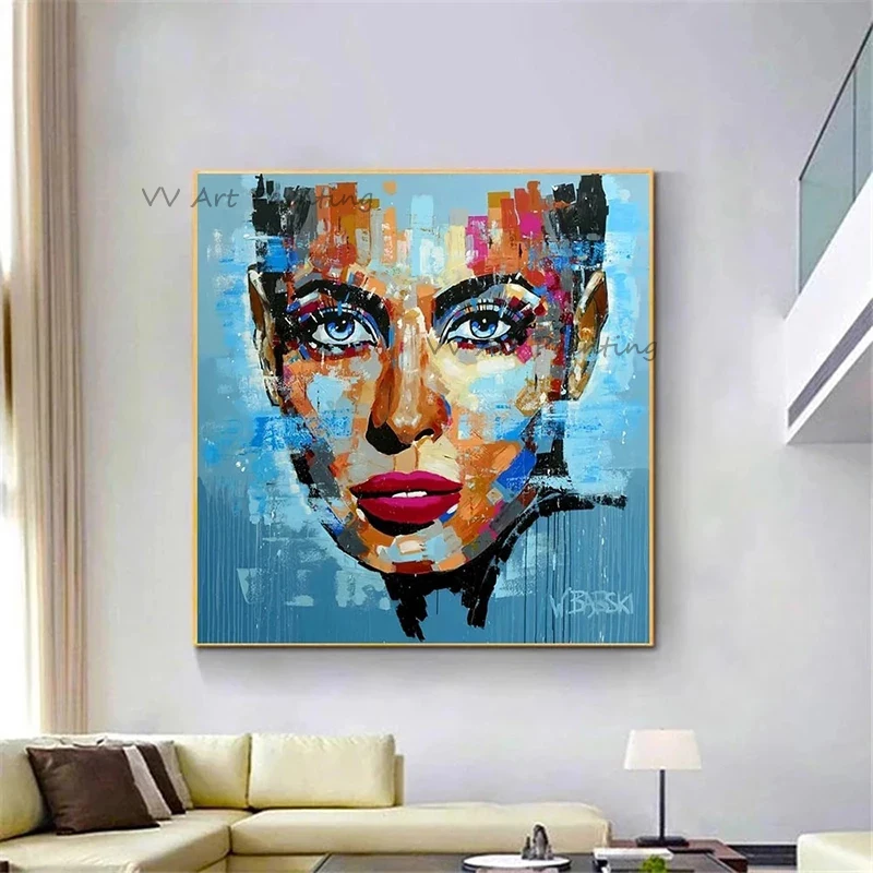 

Best on Canvas Handmade Abstract Portrait Oil Painting The Hot Color Hand-Painted Knife David Palette Woman Face Oil Paintings