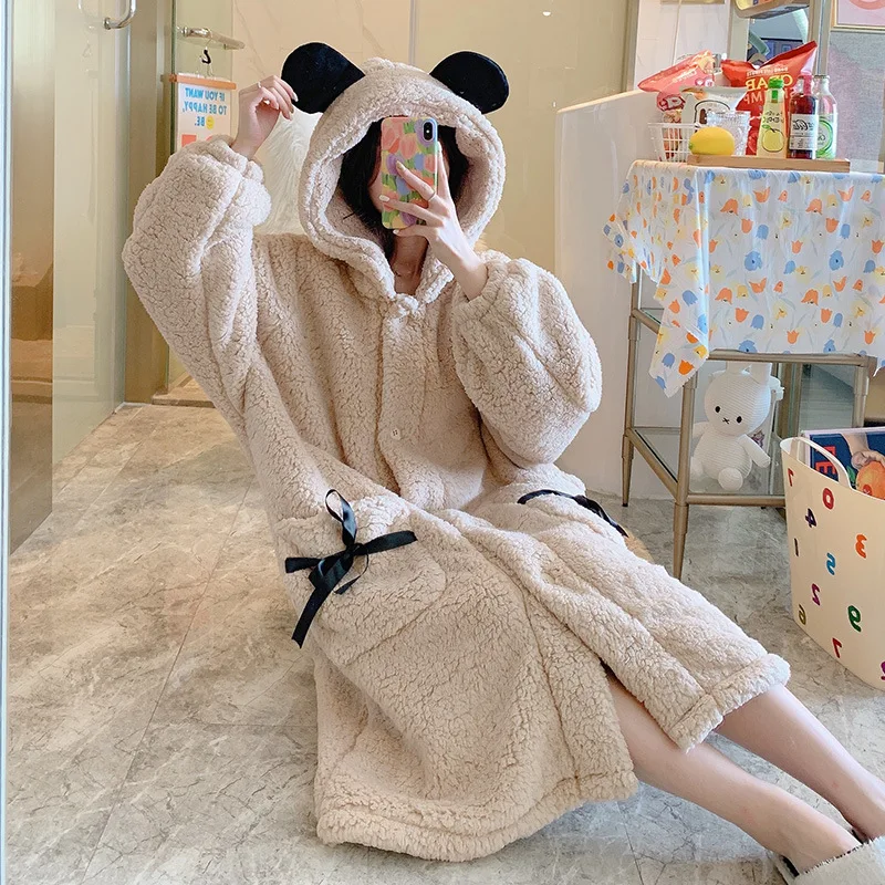 

Winter New Coral Velvet Women Pajamas Robe Cute Hooded Thick Nightwear Ladies Flannel Warm Homewear Comfort Bathrobe Nightdress