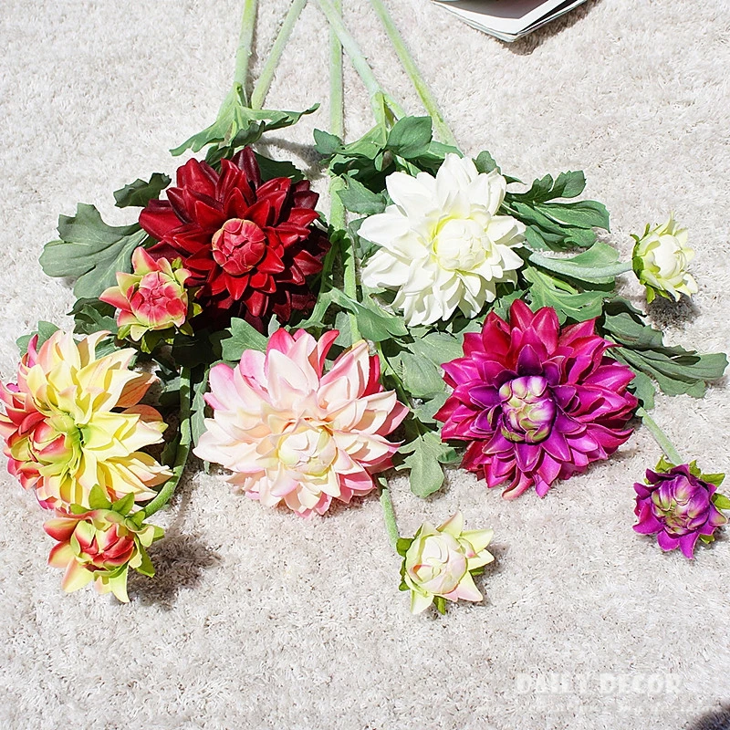 6pcs /lot ! real touch cloth artificial 2 heads pompon flowers fake dahlia flower wholesale wedding flower free shipping