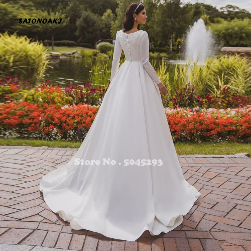 Robe de mariée trapèze en satin avec appliques en dentelle, manches longues, simple, élégante, vintage, train de balayage, robe de patients, 2023