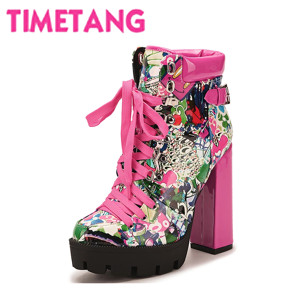 

TIMETANG New European and American Motocycle Women Ankle Boots Punk Style Thick Platform Chunky Heels Cool Woman Shoes Chukka