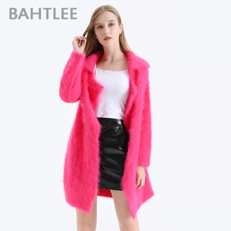 BAHTLEE-Knitted Cardigans with Pocket for Women, Angora Coat, Long Sleeves, Wool Jumper, Turn Down Collar, Winter