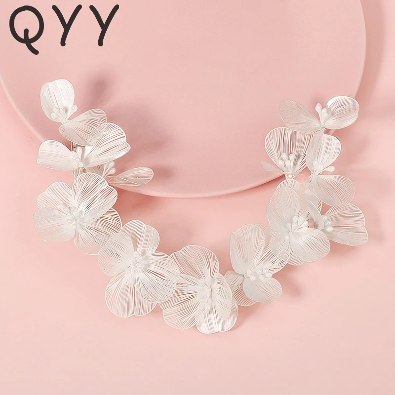 QYY Flower Pearl Headbands for Women Hair Accessories Wedding Silver Color Hairband Bridal Headpiece Party Hair Jewelry Gift