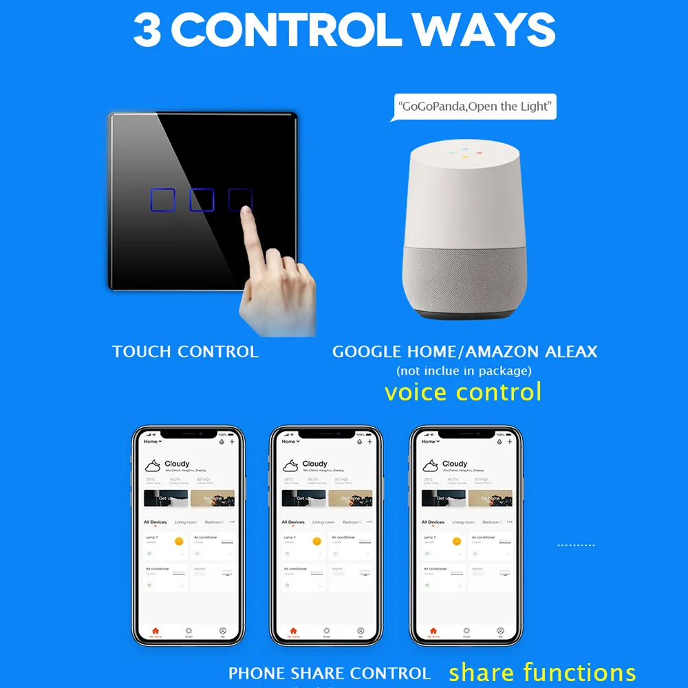 EU Standard 1 Way Wifi Touch Switch App Voice Control Wall Light Controller Smart Home Automation Waterproof TUYA Smart Life