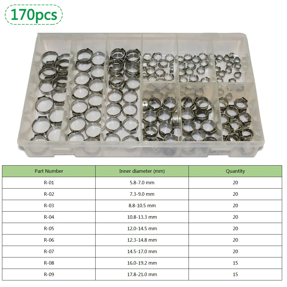 170pcs 1 Ear Clamps Hose Clamp 5.8-21mm Assortment w/ Hose Clamps Pliers Stainless Steel Clamps Rings for Sealing Kinds of Hose