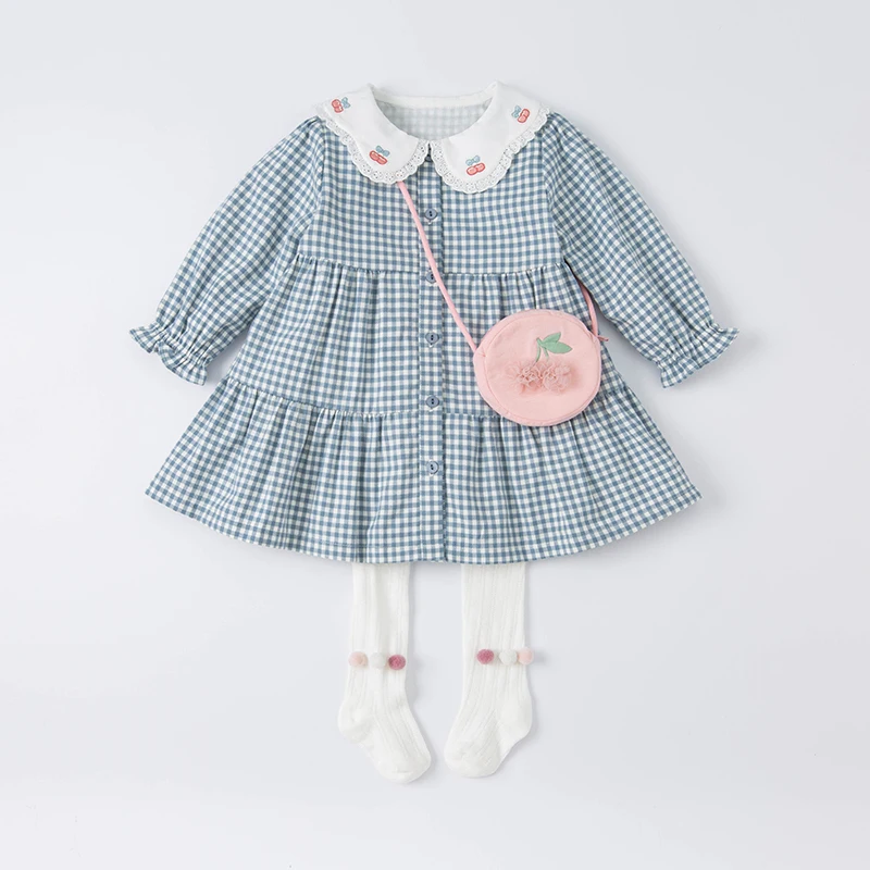 DB1220483 dave bella spring baby girls fashion plaid dress with a small bag party dress children girl infant lolita 2pcs clothes