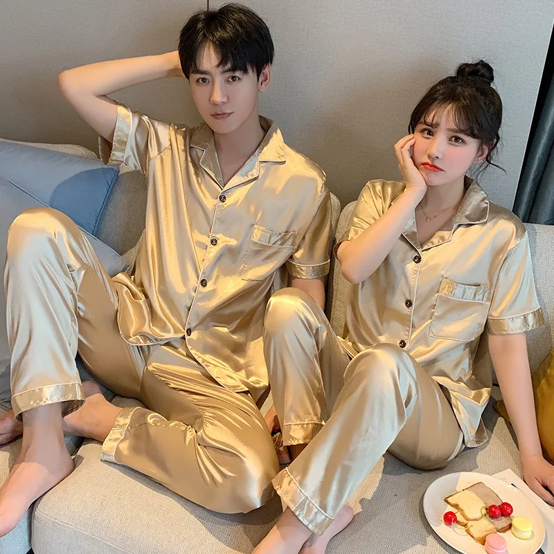 Spring Silk Satin Pajamas Couple Set Summer Short Sleeve Button-Down Sleepwear Women Men Solid Color Loungewear Plus Size Pj Set