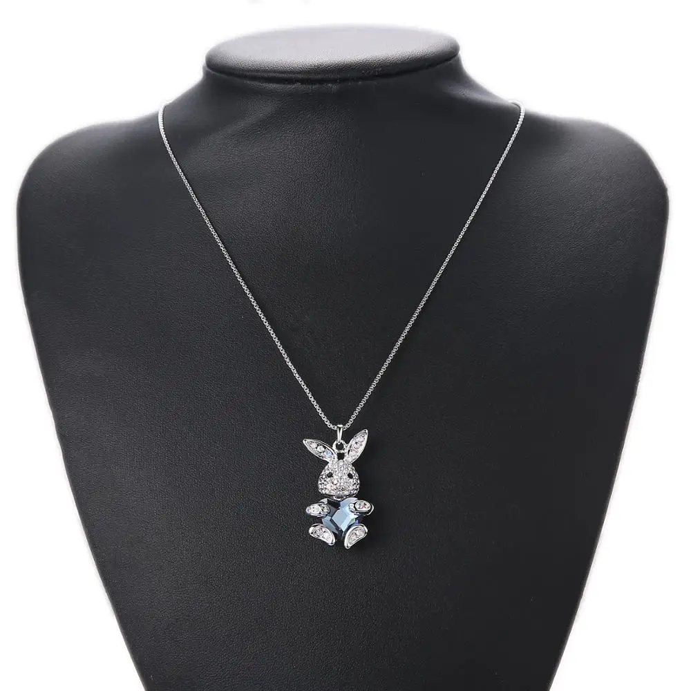 Cute Cartoon Rabbits Love Heart With Blue Crystal Necklace Bunny Pendant Charm Fashion Jewelry Drop Shipping