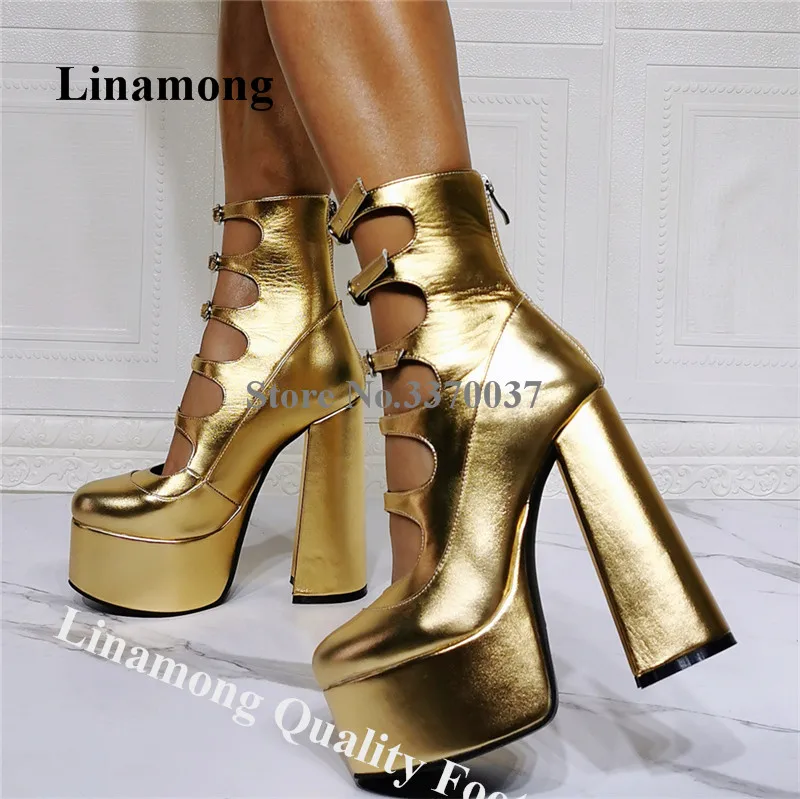 

Linamong Newest Shining Round Toe High Platform Chunky Heel Short Boots Cut-out Gold Red Pink Thick Heel Ankle Booties Big Size