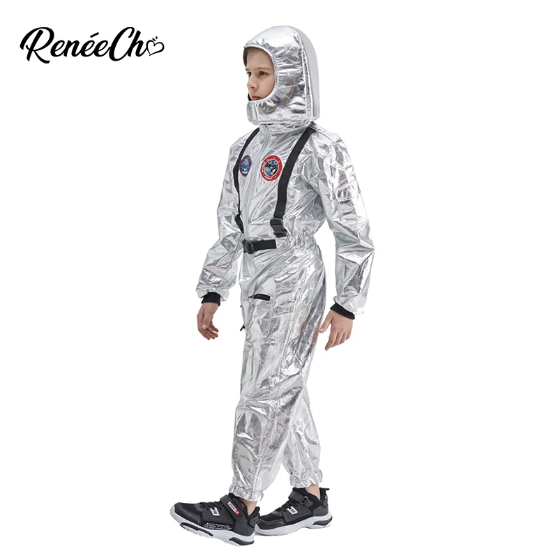 Reneecho Kids Astronaut Costume Sliver Boys Space Man Cosplay Jumpsuit And Hat 2 Piece Set Baby Halloween Costume For Kids