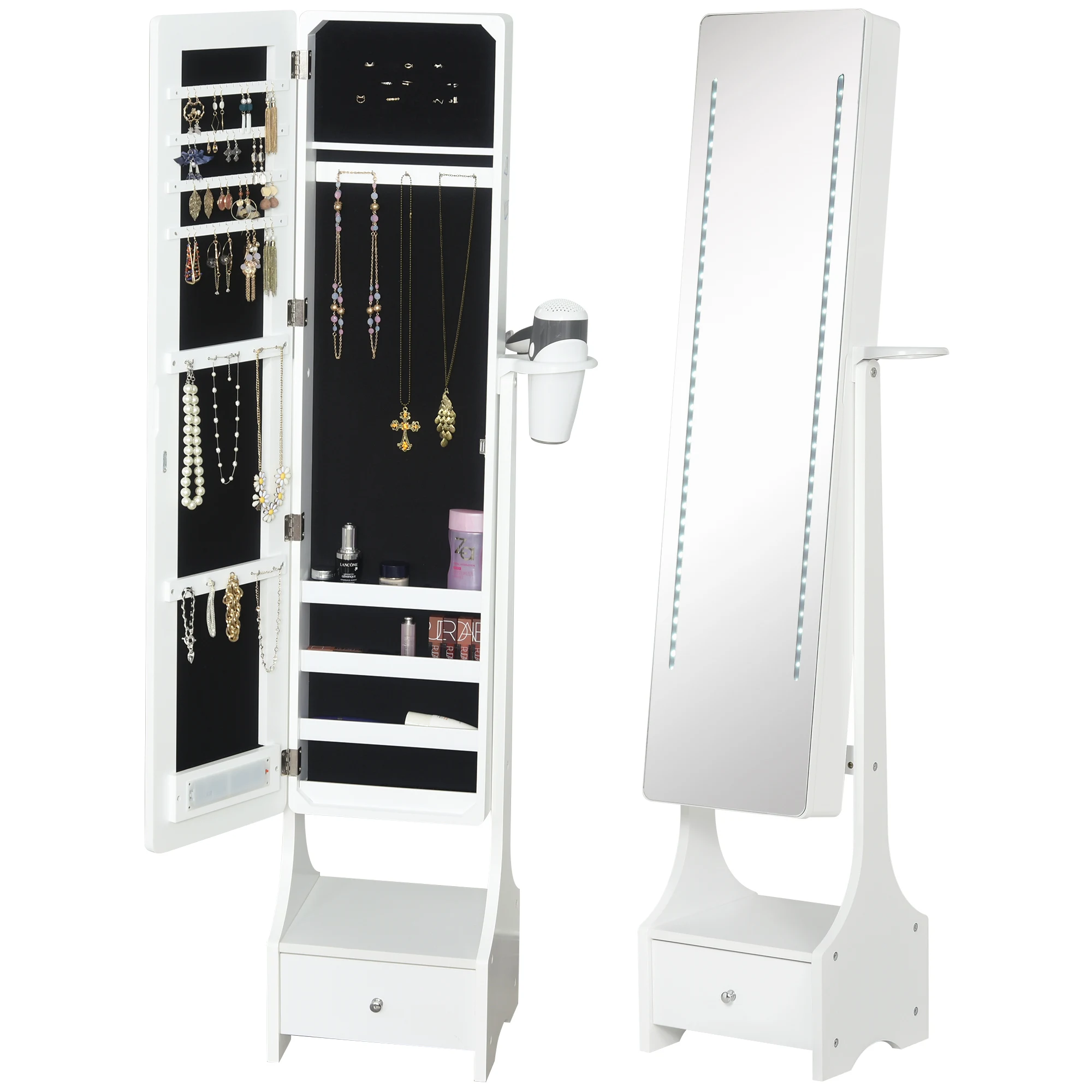 HOMCOM Light Standing Mirror Jewelry Cabinet with Full Body Mirror 3 Angle Adjustable Drawer Hanger for Dryer 37x30x158 cm White