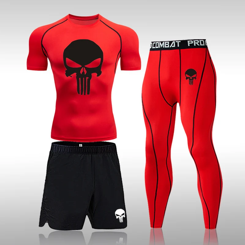 Men Compression Set MMA Long or Short Sleeve T-shirt Men\'s Tight Pants Fitness Bodybuilding Clothes Skull Rashguard Sports Suits