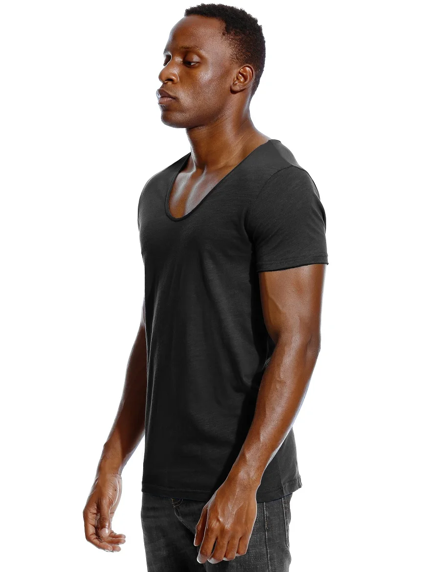 Scoop Deep V Neck T Shirt for Men Low Cut Vneck Wide Vee Top Tees Fashion Male Tshirt Invisible Undershirt Slim Fit Short Sleeve