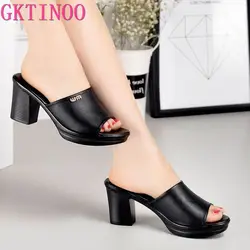 GKTINOO Women Sexy High Heel Clogs Summer Peep Toe Platform Mules Ladies Genuine Leather Slippers Female Slip On Sandals Shoes