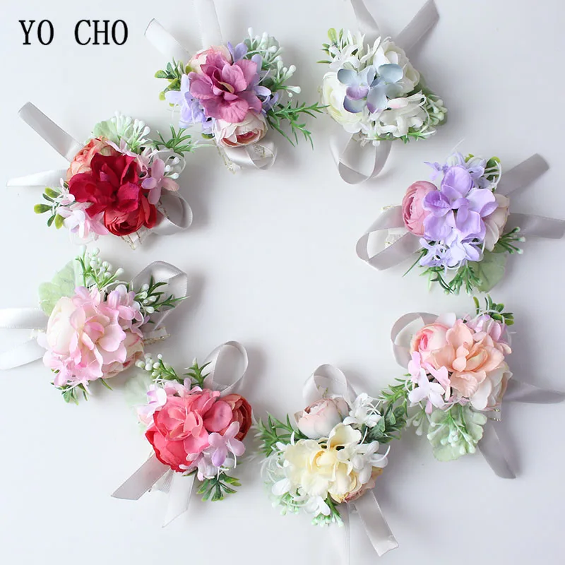 YO CHO Artificial Rose Hydrangea Flowers Wedding Boutonniere Groom Corsage Bridal Wrist Corsages Bracelet Pink Marriage Supplies