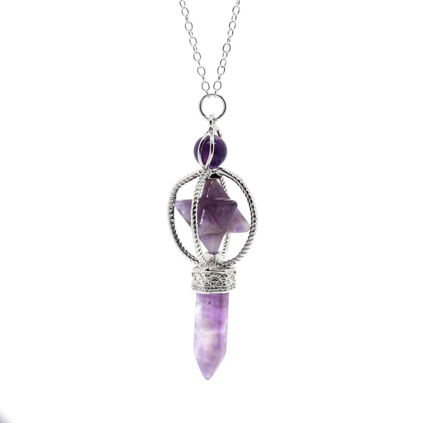 KFT Natural Stone Crystal Quartz Merkaba Meditation Chakra Sacred Reiki Hexagon Pendulum Pendant Necklace Women Men Jewelry