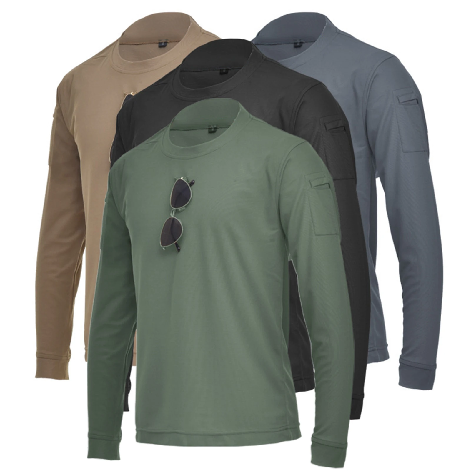 Men Casual Long Sleeve O Neck Sweat Absorbent Pockets Pullover stretch sweat absorbent military fan training T shirt