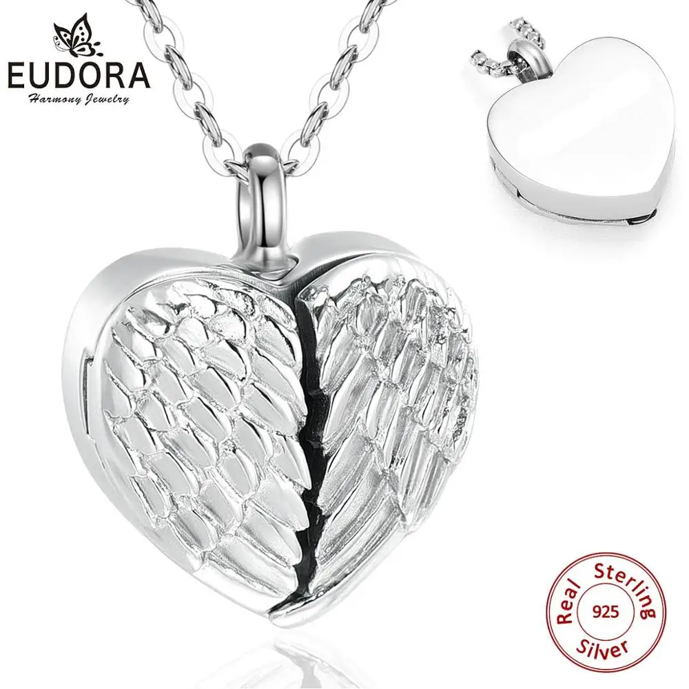 Eudora Sterling Silver Heart Locket Heart cremation memorial ashes urn wing opened design cage necklace jewelry keepsake CYG011