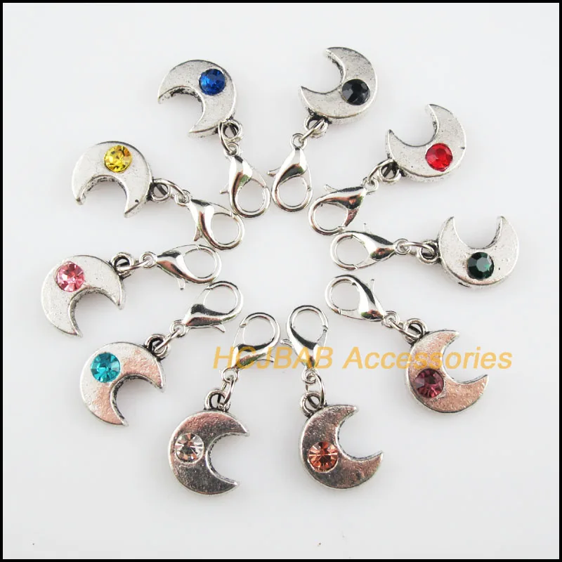 10 New Moon 11x15.5mm Charms Mixed Round Crystal Tibetan Silver Plated Retro With Lobster Claw Clasps