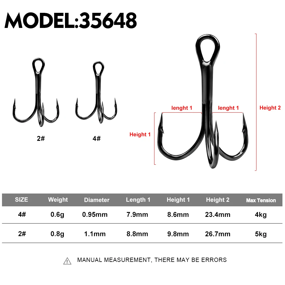 KATYUSHA 50PCS Fishing Hooks 2#-4# Black Barbed Triple FISHHOOK Overstriking Fishing Tackle High Carbon Steel Treble Hooks