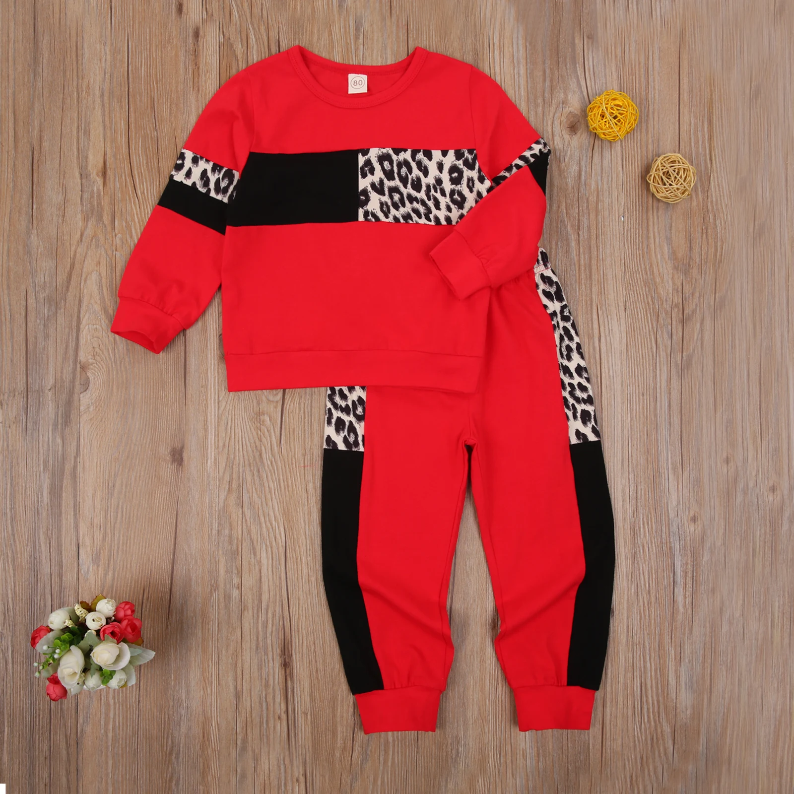 Traje de duas peças leopardo sportswear para crianças, manga comprida, gola redonda, calças compridas com cabeça elástica, roupas de bebê menina,