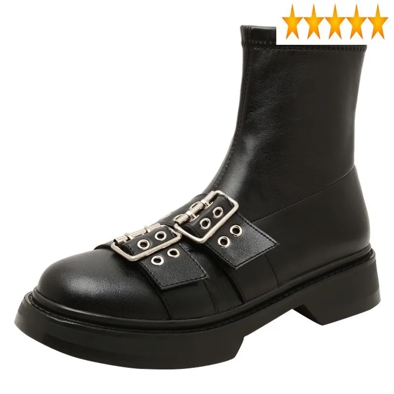 Top Punk Women Stretchy High Thick Platform Ankle Motorcycle biker Real Leather Shoes Designer Metal Buckle Fashion Boots