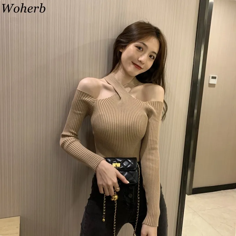 Woherb Y2K 2024 Spring Autumn Sexy Hollow Off-Shoulder Knitted Tops Solid Ladies Korean Clothes Sweater Pullovers Jumper