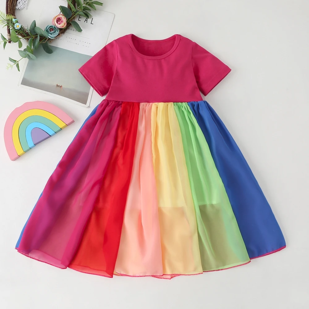 2021 New Baby Girl Cotton Fashion Rainbow Short Sleeve Color Block Colorful Party Dresses for Kids Princess Kids Dress 1-7years