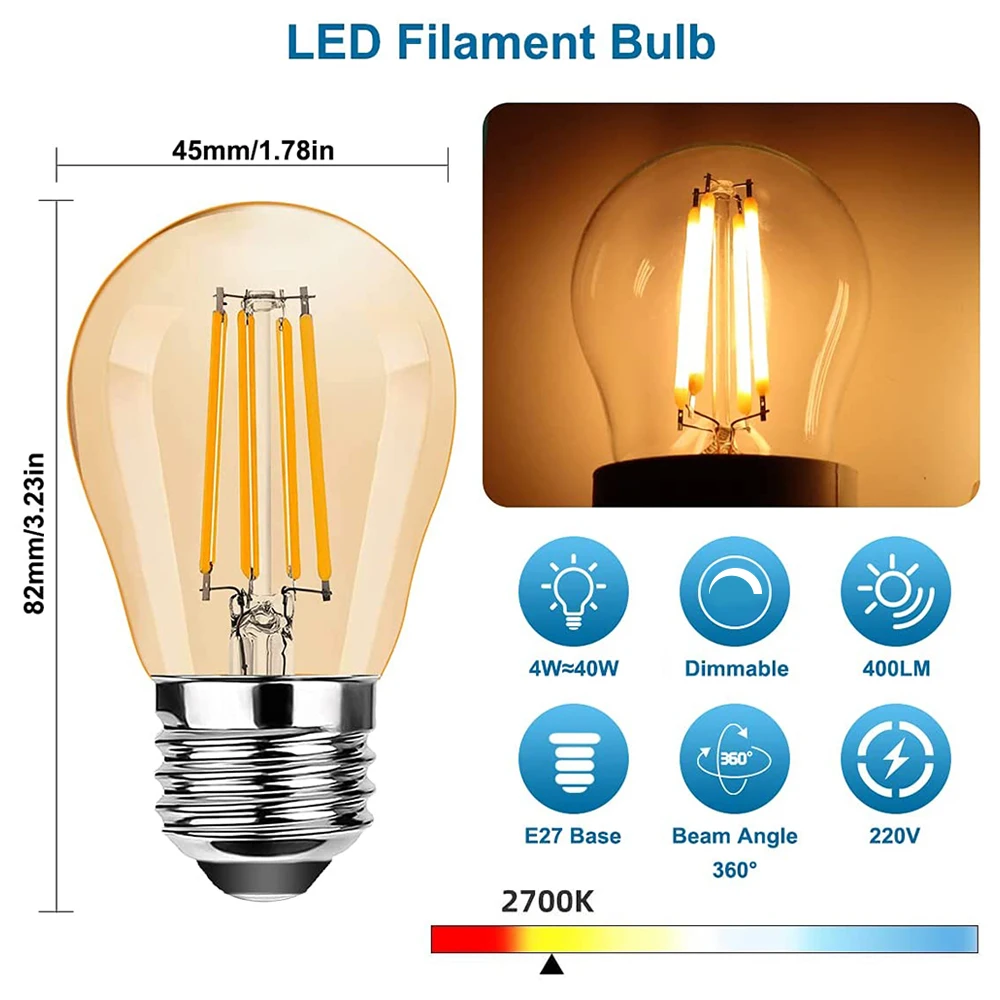 G45G 4W Dimmable LED Globe Light Bulb Mini Amber Glass Edison E27 2700K Vintage Led Filament Bulb For Chandelier String Lighting