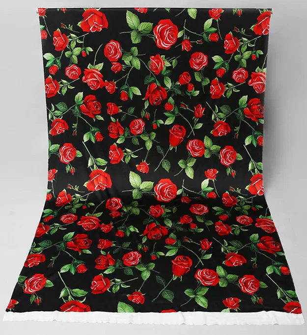 Rose Printed Chiffon Fabric Luxury Brand Fashion Design for Women\'s Skirt Clothing Polyester Stretch Satin Fabrics Cloth