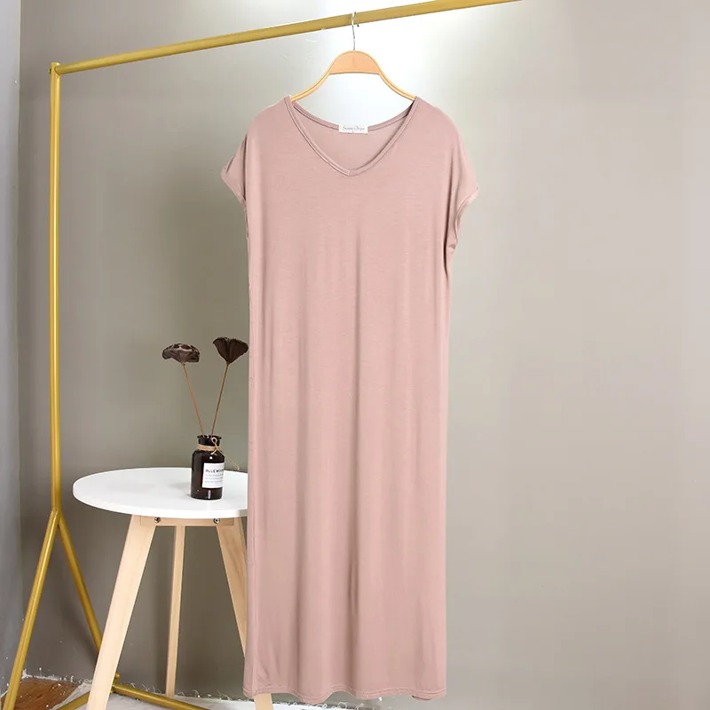 Large Size Modal Base Night Dress Women Sexy V Neck Sleepwear Comfortable Nightgowns Loose Long Nightshirt Vestidos Mujer