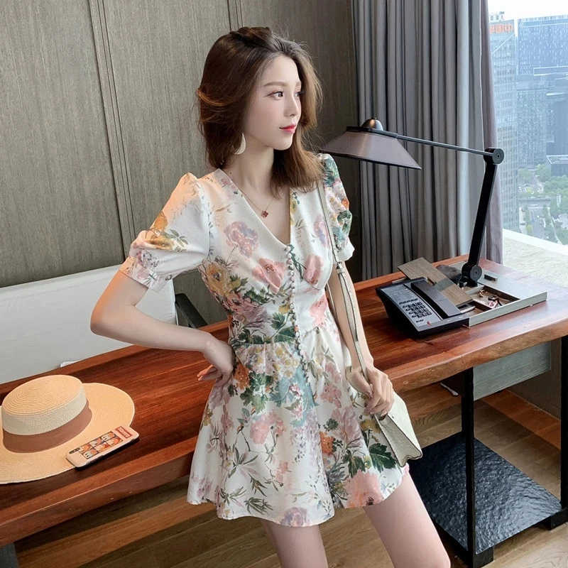 Phụ Nữ Cao Cấp Cổ Chữ V Gợi Cảm In Hoa Mini Jumpsuit Nữ Boho Tay Phồng Áo Liền Quần Playsuit Đường Băng Thiết Kế