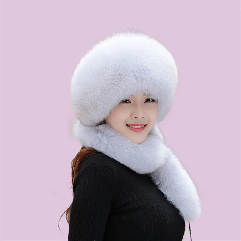 Women Winter Fur Hat Long Fox Fur Scarf Luxury Russian Thick Warm Hat Girl Flully Soft Snow Hats With Pom Pom