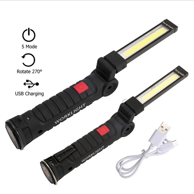 Led Flashlight USB Rechargeable With Built-in Battery Set Multi Function Folding Work Light COB Waterproof Fishing Camping Torch