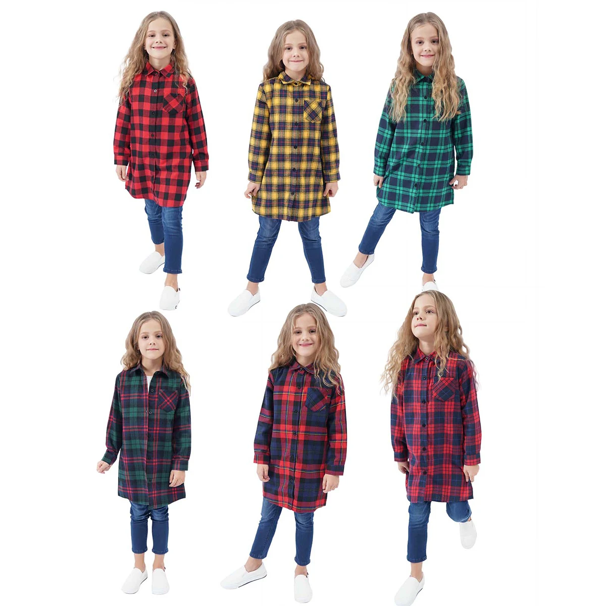 

Kids Girls Plaid Shirt Dress New Spring Autumn Long Sheeve Children Shirts Cotton Brushed Fabric Long Shirt Tops Coat Outerwear