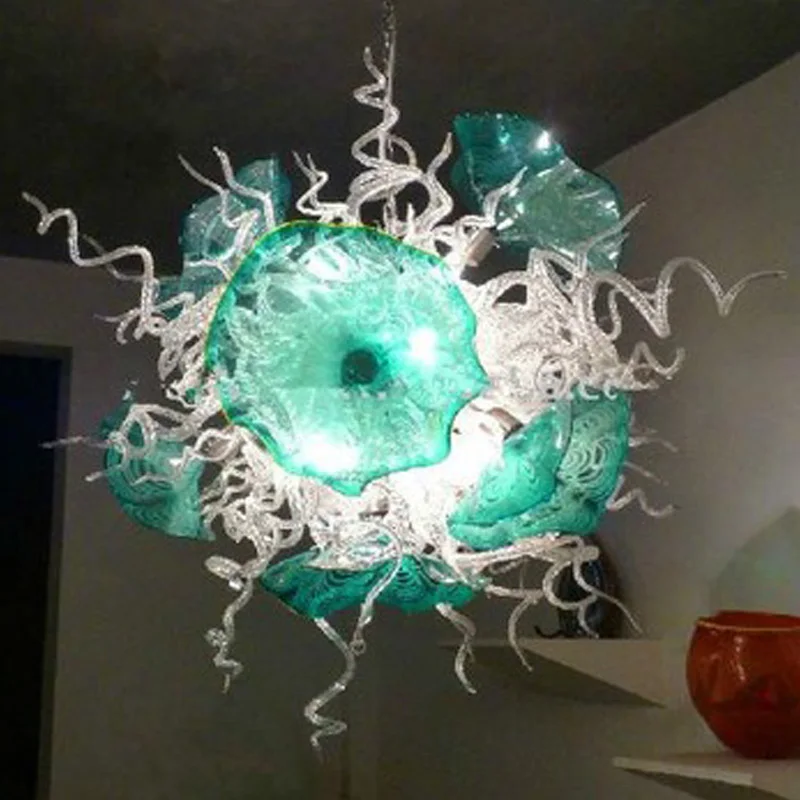 Tiffany Style Plate Lamp Sitting Room Lighting LED Pendant Turquoise Flower Handmade Glass Chandelier for Art Decoration 32 Inch