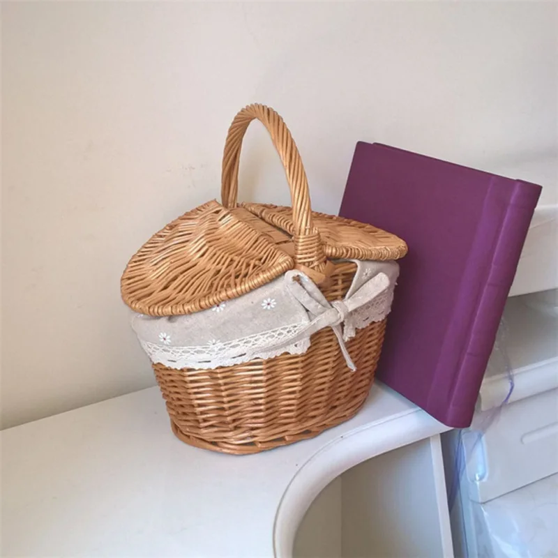 Wicker Woven Picnic Basket Hamper with Lid Camping Food Fruit Picnic Basket Hand Shopping Storage Bags Bread Drink Container