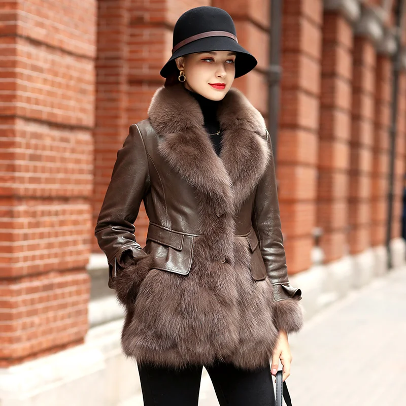 

New Winter Genuine Leather Jacket Women Natural Fox Fur Collar Coat Female Warm Down Coats Sheepskin Women's Clothing WPY4676