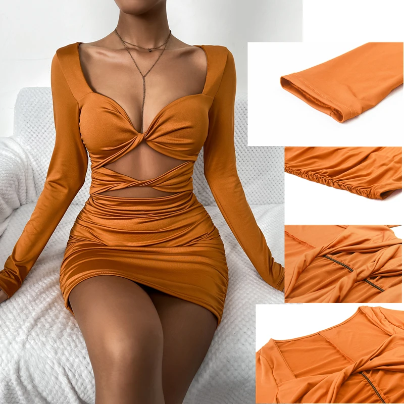 

SKMY 2024 Autumn Winter Long Sleeve Bodycon Dress Sexy Deep V-Neck Hollow Out Knot Pleated Dress Solid Color Party Clubwear