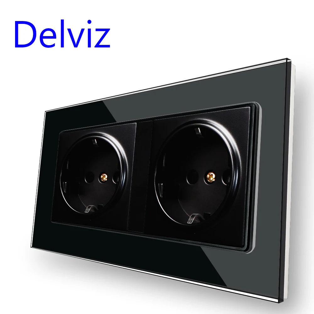 Delviz Wall Double 16A Outlet, With 5V 2A USB charging Ports,AC 110V~250V, Black Tempered Crystal Glass Panel EU Standard Socket