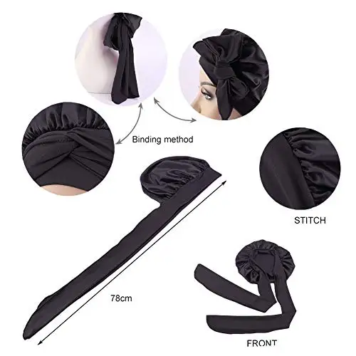 Bonnet en satin à large bande pour femme, bonnets soyeux pour cheveux bouclés, cheveux ronds pour dormir, noir, 2 pièces