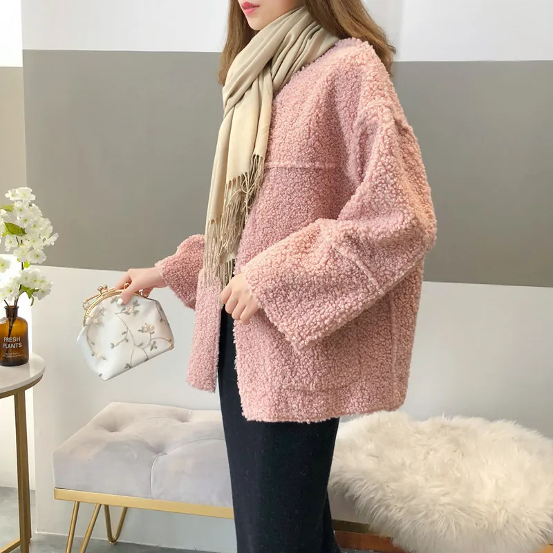 Elegant Faux Fur Woolen Coat Women Fashion Autumn Winter Warm Soft  Fur Jacket Female Plush Overcoat Pocket Casual Teddy Outwear