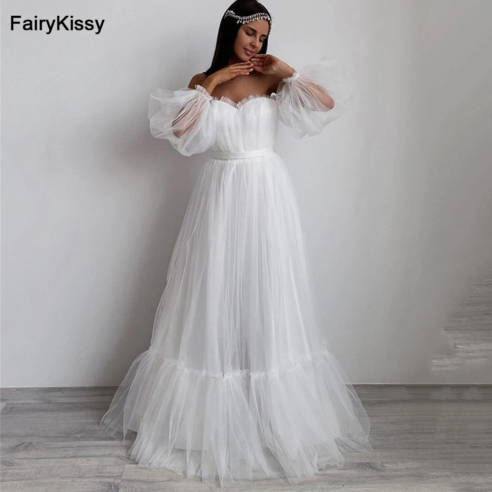 FairyKissy – robe de mariée en Tulle, manches bouffantes, longueur au sol, épaules dénudées, ligne A, Simple, robes de cérémonie, 2021