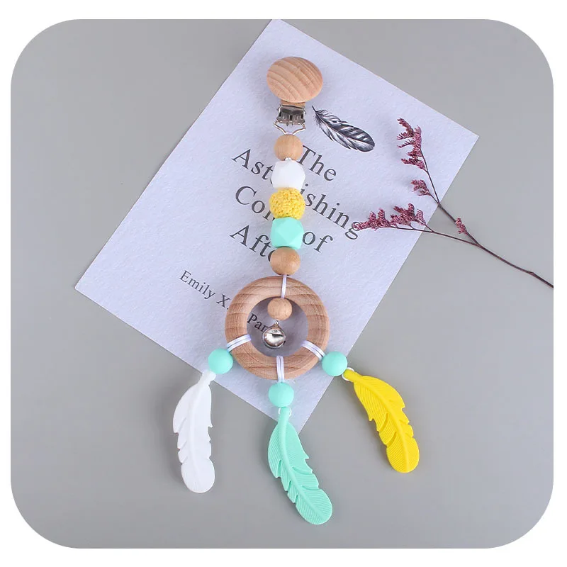 DIY Baby  creative beech ring toy gutta percha new cartoon feather silicone molar stick pacifier chain anti drop chain