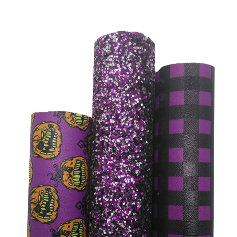 3PCS/SET Purple Glitter Vinyl Fabric Matching with Pumpkins Tartans Printed Faux Leather For Bows Earrings DIY 21X29CM Q196