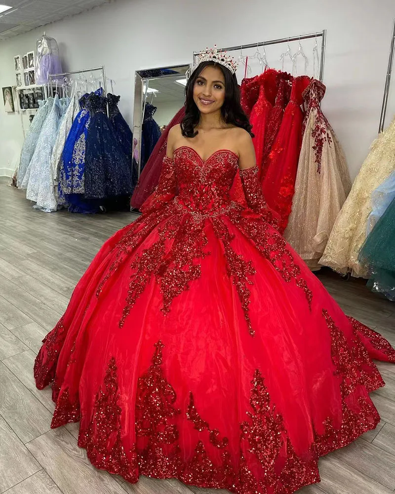 Robe de bal rouge scintillante, à manches détachables, douce robe de soirée, 16 ans, 2022